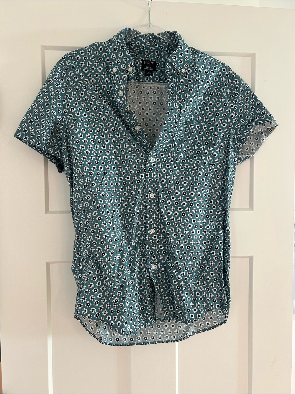 J. Crew Teal Short-Sleeve Button-Down with White Floral Print